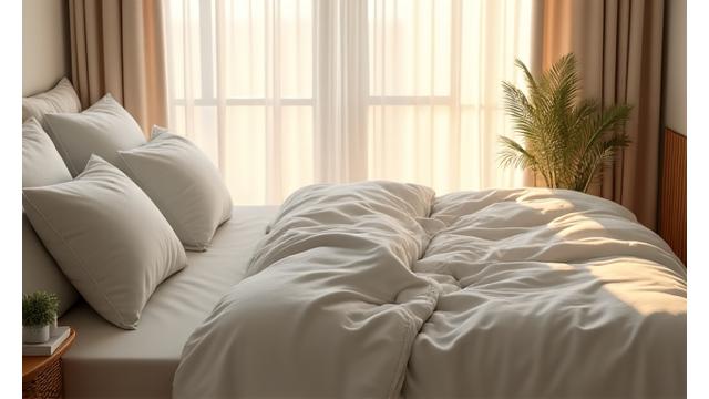 Pokojné prostředí ložnice s měkkými polštáři a zataženými závěsy, naznačující dobrý spánek