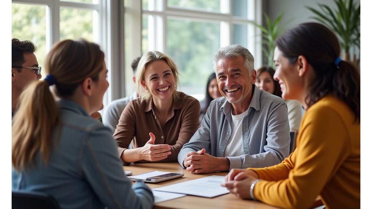 Skupina usměvavých dospělých účastnících se diskuse, symbolizující aktivní a podporující wellness komunitu.