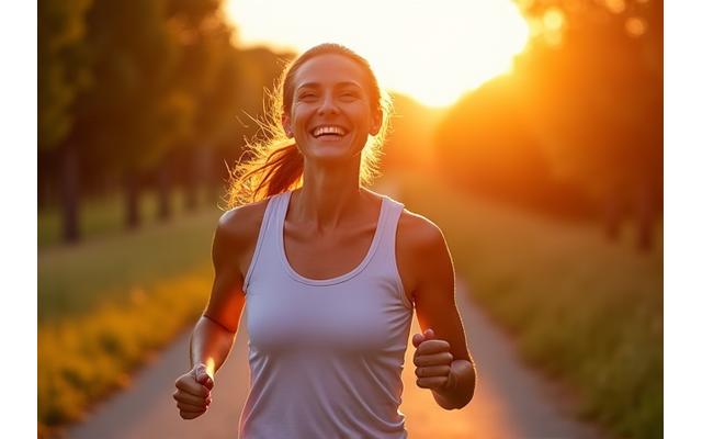 Usměvavá žena běhající venku při západu slunce, symbolizující dosažení fitness cíle a radost z pohybu.