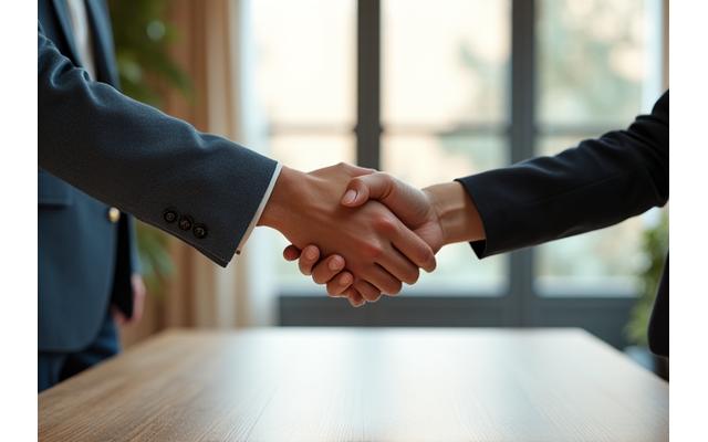 Dvě ruce se spojují v náznaku handshake, symbolizující spolupráci a partnerství v podmanivém modro-zeleném prostředí.