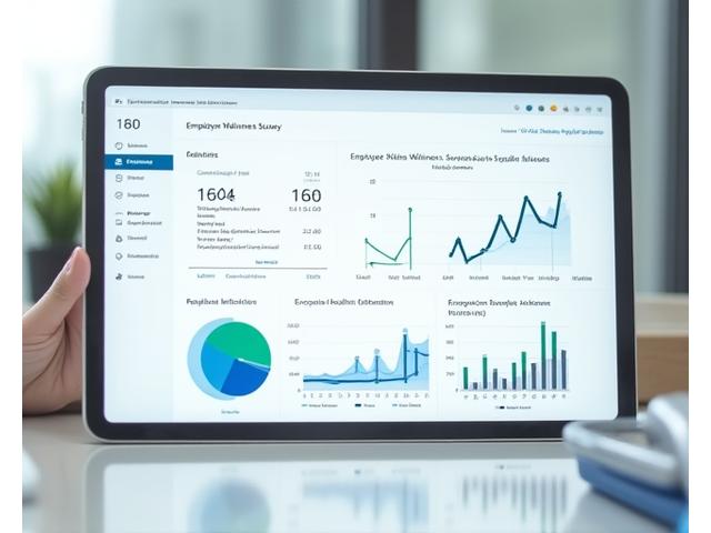 Dashboard vizualizující výsledky firemního wellbeing průzkumu se zelenými a modrými grafy