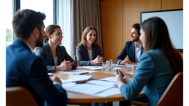 Usměvavý finanční tým v zasedací místnosti diskutující nad tabulí