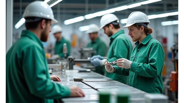 Dělníci v bezpečné, moderní výrobní hale s důrazem na ergonomii