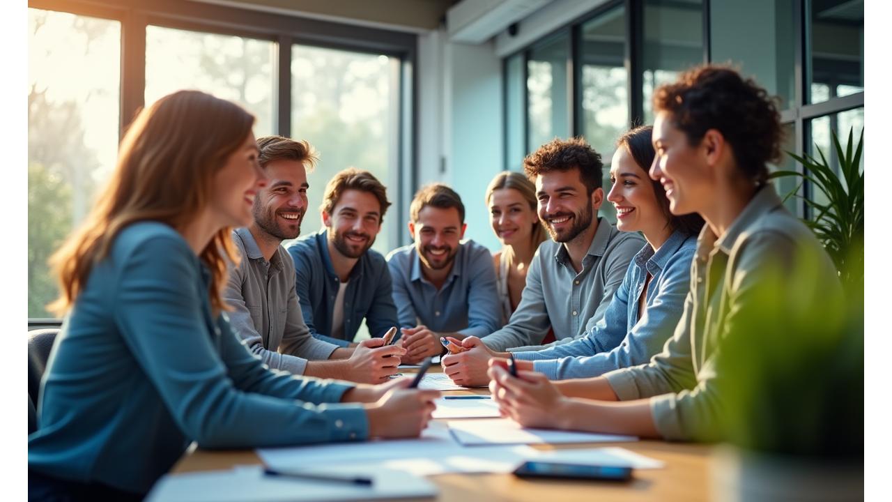 Tým usměvavých, angažovaných profesionálů pracujících v moderní, světlé kanceláři