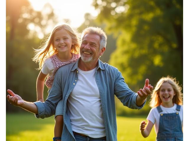 Jan (44) se usmívá a hraje si s dětmi v parku během dne, vypadá odpočatě a šťastně.