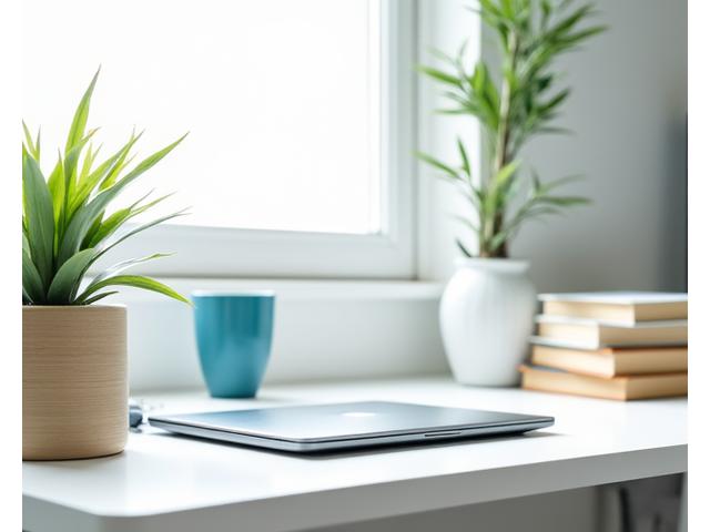 Čistý minimalistický home office stůl s jednou rostlinou a funkčním osvětlením.