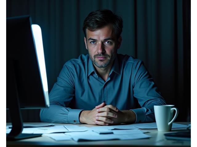Jan (44) sedí u stolu v pozdních hodinách, s kávou a unaveným výrazem, obklopený dokumenty.