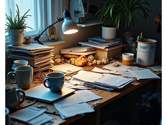 Přeplněný, neorganizovaný home office stůl s hromadou papírů a pohárem od kávy.