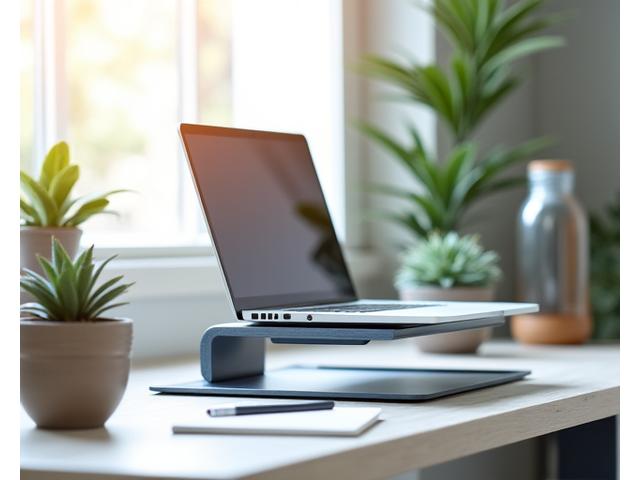 Čistý, organizovaný home office stůl s notebookem, šálkem kávy, rostlinou a dostatkem přírodního světla.