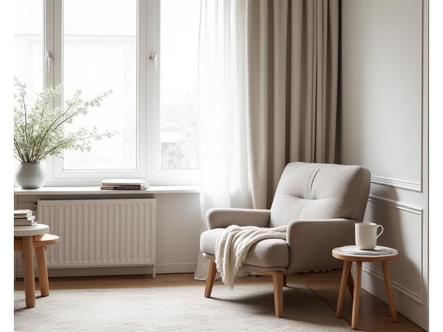  Minimalistický obývací pokoj s jedním pohodlným křeslem, knihou a šálkem čaje na dřevěném stolku. 