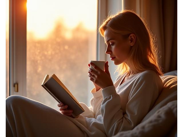 Žena v klidu pije čaj a čte knihu u okna zalitého ranním sluncem.