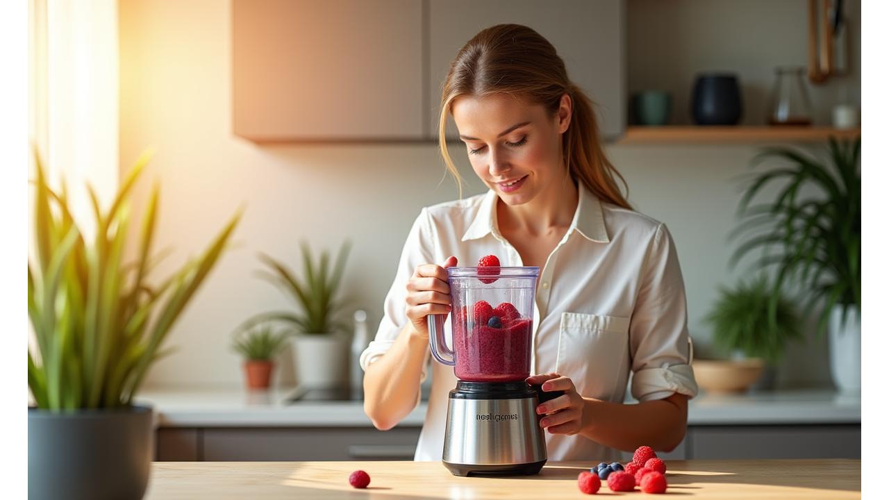 Žena vkládající čerstvé ovoce do mixéru v moderní kuchyni, obklopená rostlinami a přírodním světlem.