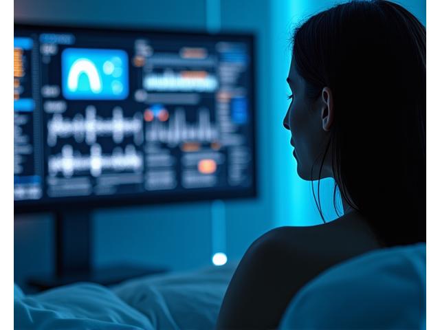 Konceptuální obrázek spánkové laboratoře nebo diagnostického procesu, kde je vidět měření mozkových vln a dalších fyziologických dat pacienta spícího v pohodlném prostředí, s jemnými digitálními rozhraními v pozadí.