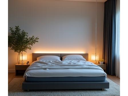 Moderní, minimalistická ložnice s chytrým osvětlením, teplotním senzorem a inteligentní matrací, ilustrující optimalizaci spánkového prostředí.