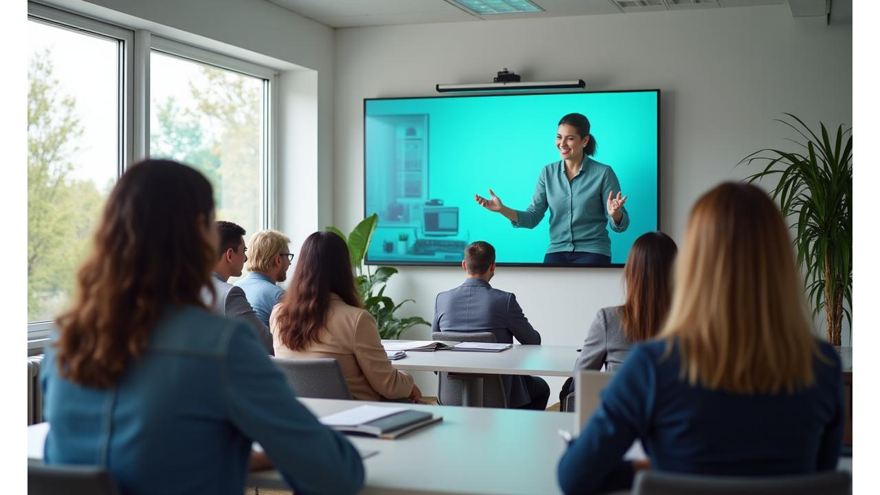 Malá skupina usmívajících se dospělých v moderním kancelářském prostředí, kteří se účastní online wellness workshopu na obrazovce, zobrazeného na velkém monitoru.