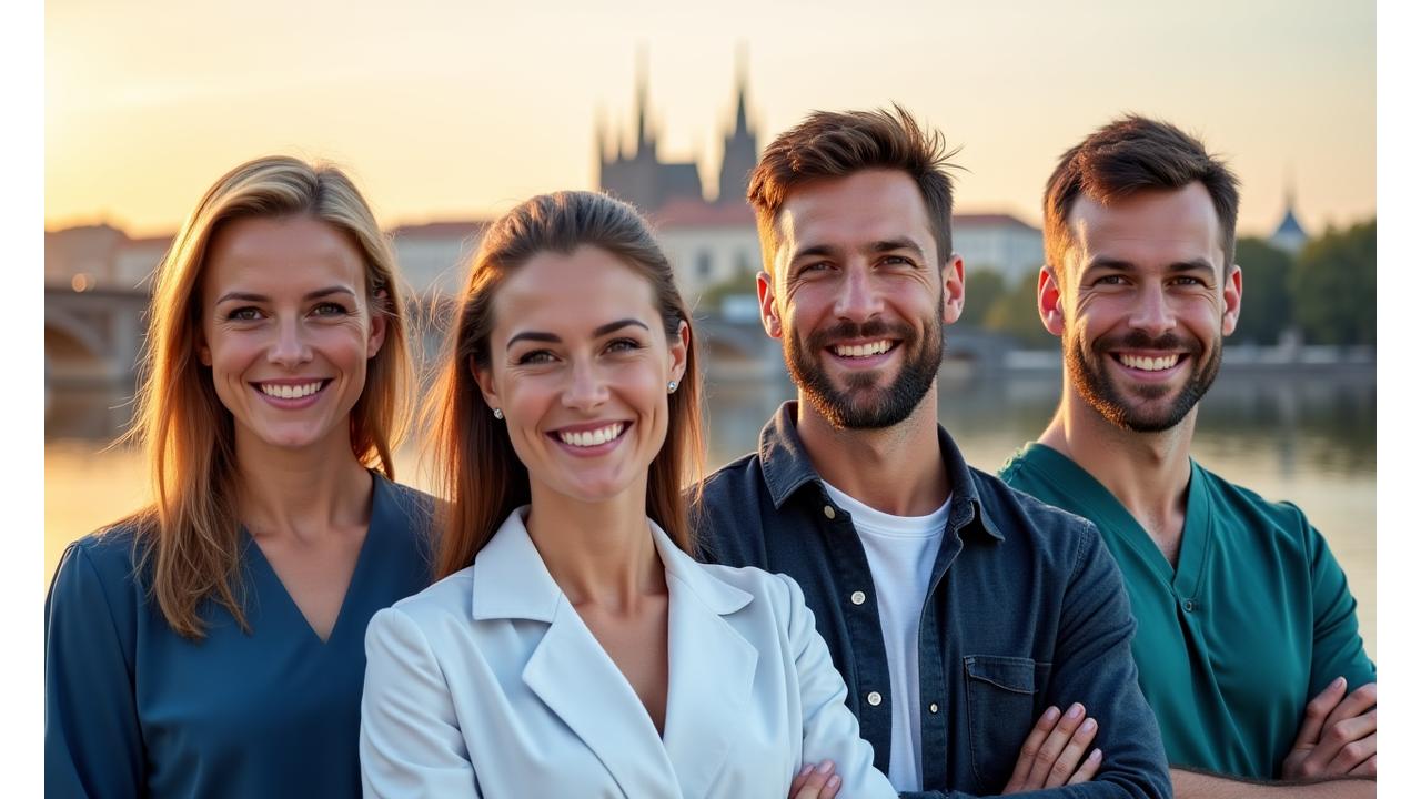 Koláž čtyř usmívajících se profesionálů ve středním věku v různých oblastech wellness, jako fitness, výživa a psychologie, s pozadím Prahy, lehce rozostřeným.