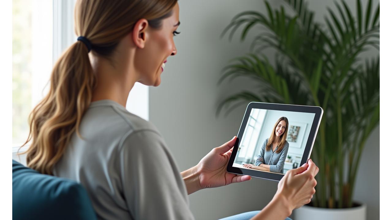 Žena středního věku se soustředěně usmívá na obrazovku tabletu, kde probíhá online workshop s usměvavou lektorkou. V pozadí moderní, světlá domácí kancelář.