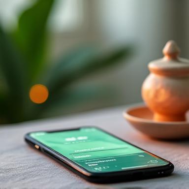 Zenová zahrada na displeji mobilního telefonu s aplikací pro duševní pohodu, v pozadí tlumené světlo a minimalistický interiér.