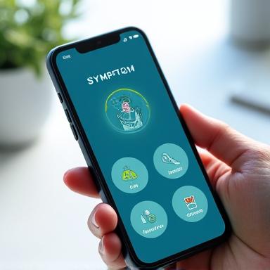 Aplikace na mobilním telefonu zobrazující AI asistenta pro kontrolu symptomů, s ikonami pro různé části těla.