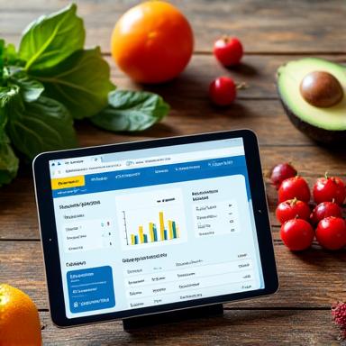 Tablet se spuštěnou aplikací pro personalizovanou výživu s grafy a doporučeními na základě AI analýzy, obklopený čerstvým ovocem a zeleninou.