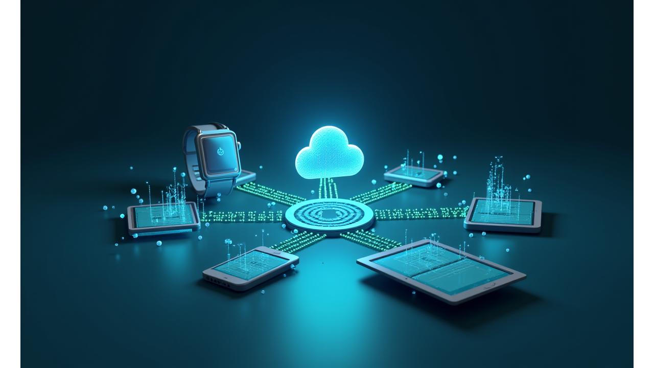 Grafické znázornění toku dat mezi různými zdravotními aplikacemi a wearables (chytré hodinky, telefon, tablet), tvořící propojený digitální ekosystém. V pozadí jemné bio-rytmy vizualizace.