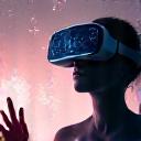 Osoba s VR brýlemi provádějící fitness cvičení v virtuálním prostředí, s futuristickými vizuálními efekty.