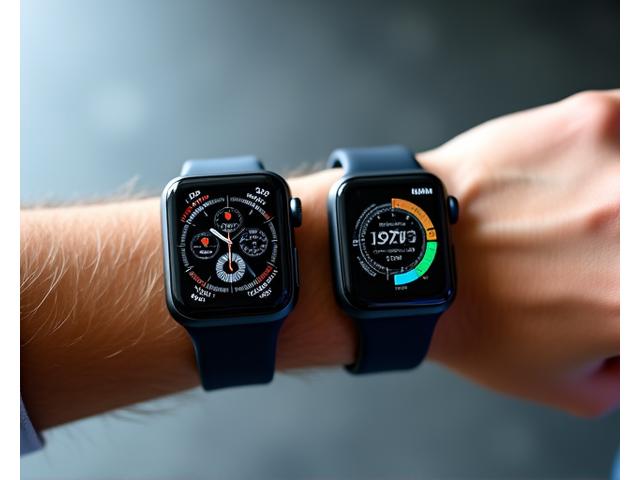  detail displeje chytrých hodinek Apple Watch a Garmin na zápěstí sportovce, s měřícími údaji tepové frekvence a aktivity.