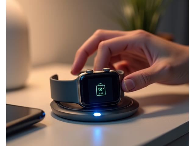 Detailní záběr ruky, která nabíjí chytré hodinky, s ukazatelem baterie na obrazovce. Důraz na výdrž a praktičnost v reálném životě.